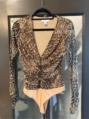 Scripted Animal Print Long-Sleeve Bodysuit in Brown - S